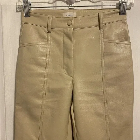 Aritzia Wilfred Beige Faux Leather Pants Women 00 High Rise Straight Work Travel - Picture 5 of 12